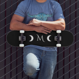 Modern Crescent Måne Black and White Monogram Mini Skateboard Bräda 18,5 Cm