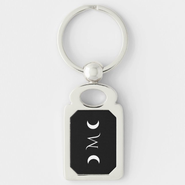 Modern Crescent Måne Black and White Monogram Rektangulärt Silverfärgad Nyckelring (Framsidan)