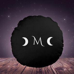 Modern Crescent Måne Black and White Monogram Rund Kudde