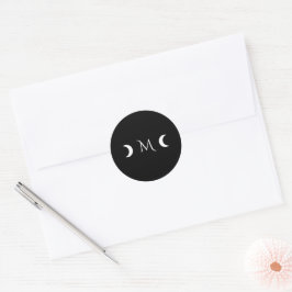 Modern Crescent Måne Black and White Monogram Runt Klistermärke