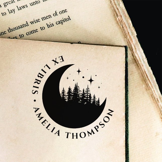 Modern Crescent Måne Träd & Stars Round Ex Libris Självfärgande Stämpel (Skapare uppladdad)