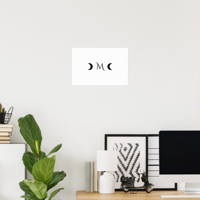 Modern Crescent Måne White och Black Monogram Poster (Hemmakontoret)