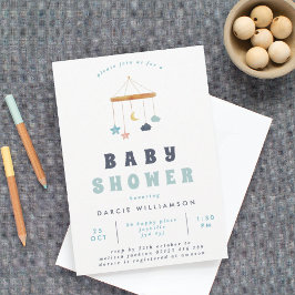 Modern Crib Mobile Blue Baby Shower Inbjudningar