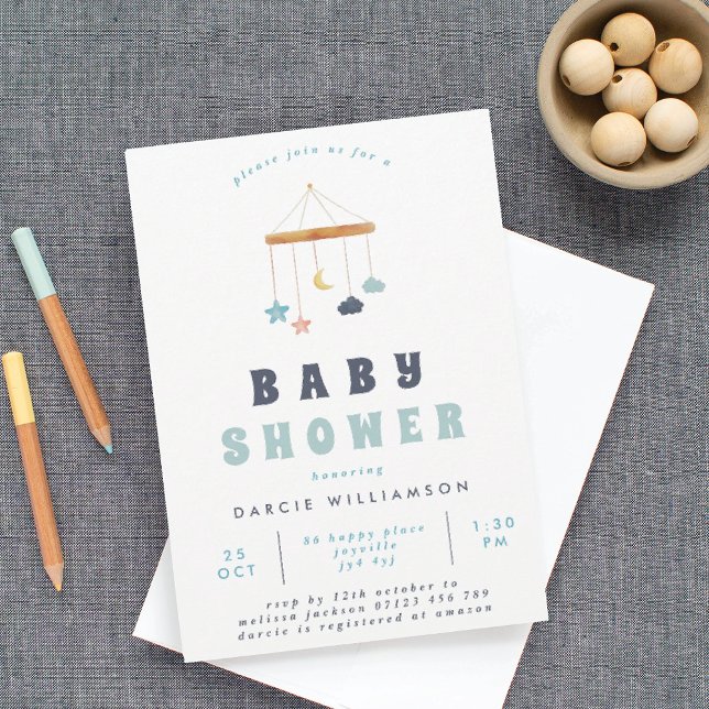 Modern Crib Mobile Blue Baby Shower Inbjudningar (Skapare uppladdad)