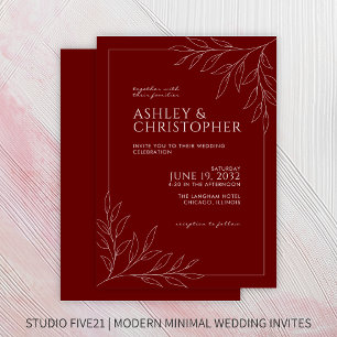 Modern Crimson Red Foliage Outline Bröllop Inbjudningar