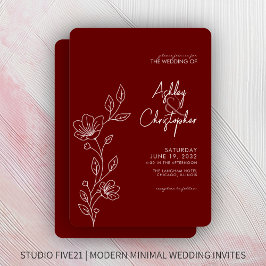 Modern Crimson Red Foliage Outline Bröllop Inbjudningar