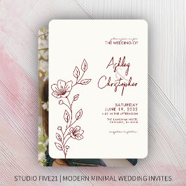 Modern Crimson Red Foliage Outline Photo Bröllop Inbjudningar