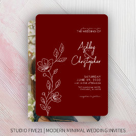 Modern Crimson Red Foliage Outline Photo Bröllop Inbjudningar