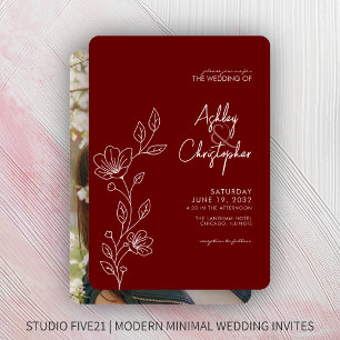 Modern Crimson Red Foliage Outline Photo Bröllop Inbjudningar