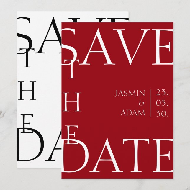 Modern Crimson Red Minimal Typography Bröllop Spara Datumet (Fram/baksida)