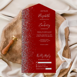 Modern Crimson Red Silver Glitter Bröllop