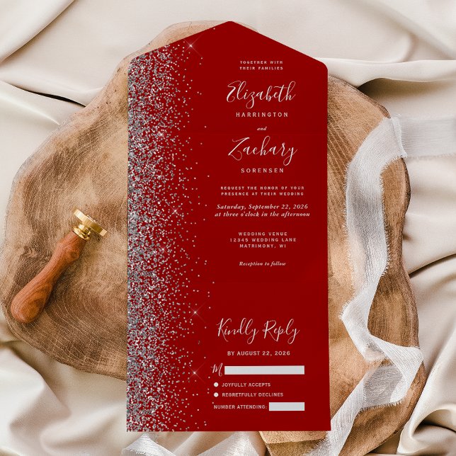 Modern Crimson Red Silver Glitter Bröllop (Skapare uppladdad)