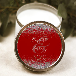 Modern Crimson Red Silver Glitter Kant Bröllop Runt Klistermärke