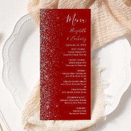 Modern Crimsonröd Silverglitter Kant Bröllop Meny