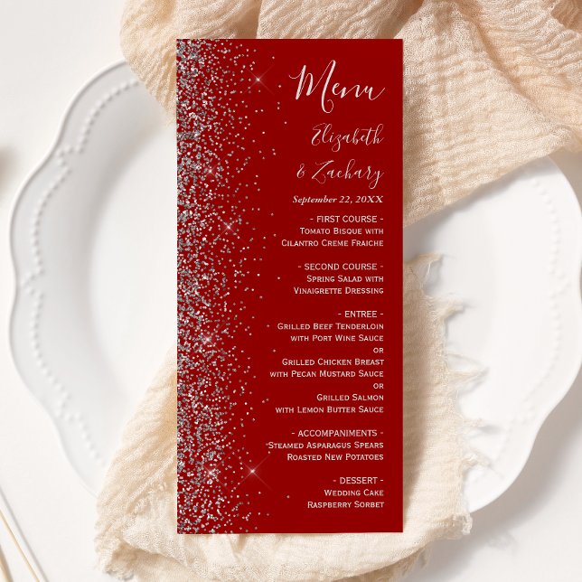 Modern Crimsonröd Silverglitter Kant Bröllop Meny (Skapare uppladdad)