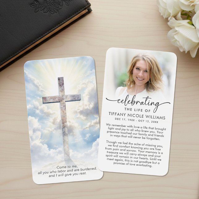 Modern Cross Celebration of Life Photo Cards Visitkort (Skapare uppladdad)