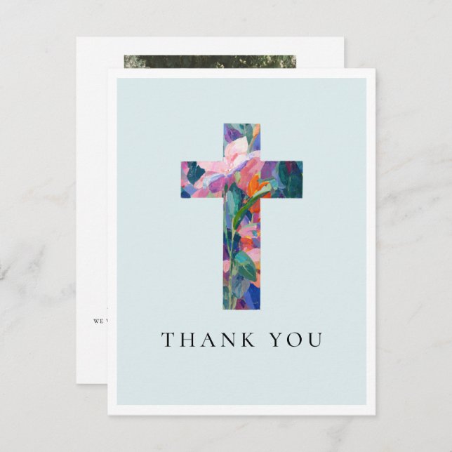 Modern Cross Floral Blue Baptism Photo Tack Kort (Fram/baksida)
