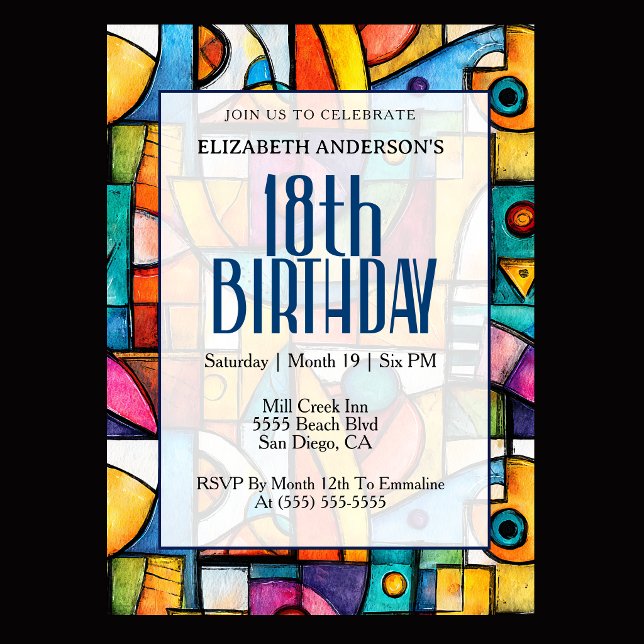 Modern Cubist 18-årsdag Inbjudningar (Modern colorful abstract 18th birthday invitation for elegant milestone celebration
)