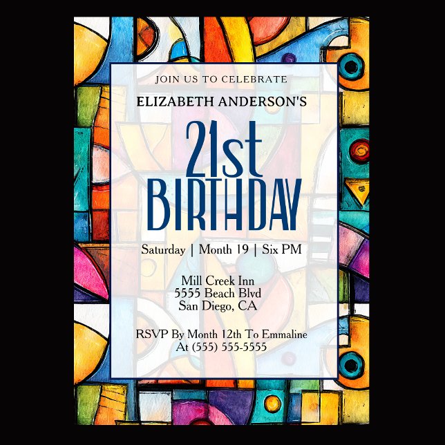 Modern Cubist 21-årsfest Inbjudningar (Modern colorful abstract 21st birthday invitation for elegant milestone celebration
)