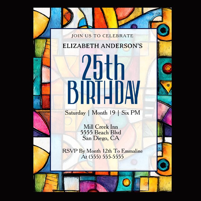 Modern Cubist 25-årsdag Inbjudningar (Modern colorful abstract 25th birthday invitation for elegant milestone celebration
)
