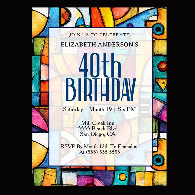 Modern Cubist 40-årsfirande Inbjudningar (Modern colorful abstract 40th birthday invitation for elegant milestone celebration
)