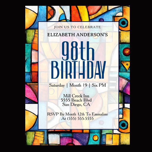 Modern Cubist 98-årsdag Inbjudningar (Modern colorful abstract 98th birthday invitation for elegant milestone celebration
)