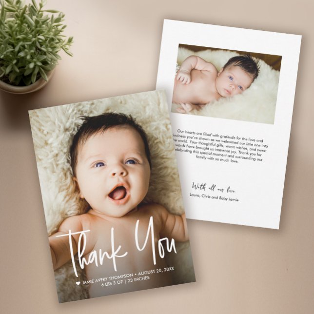 Modern Custom Baby Photo Birth Announcement  Tack Kort (Modern Thank you script baby shower photo birth announcement card.)
