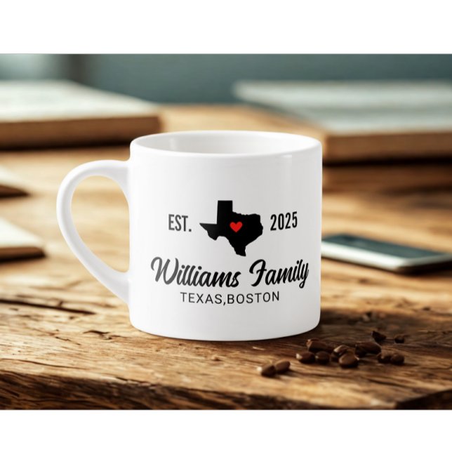 Modern Custom Family Name Texas Map Red Love Espressomugg (Modern custom family name texas map red love expresso cup)