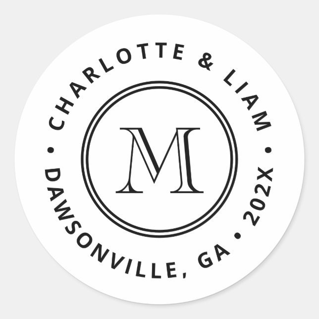 Modern Custom Name Date Monogram Wedding Runt Klistermärke (Framsida)