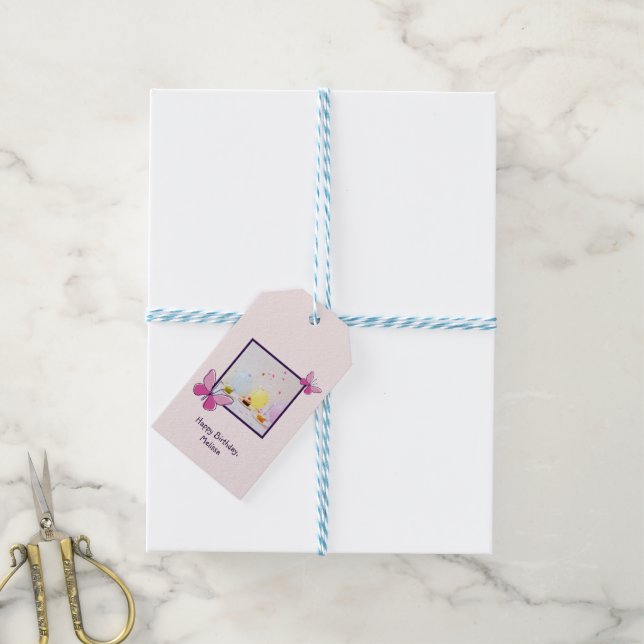 Modern Custom Photo Pink Blush Happy Birthday Presentetikett (Med Snöre)