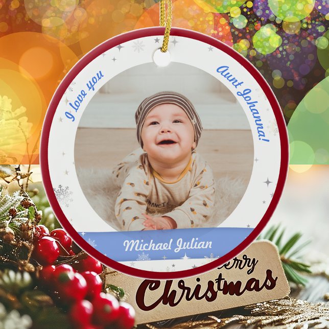 Modern Cute 2 Foton Pojke Första jul Moster Julgransprydnad Keramik (Modern Elegant Cute First Christmas Baby I love you Auntie Name 2 Photos Snowflakes Stars Red Frame)