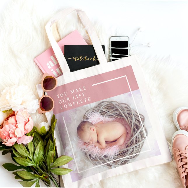 Modern Cute Baby Photo | Rosa och vit | Offert Tygkasse (Skapare uppladdad)