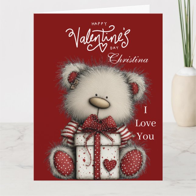 Modern Cute Bear Happy Valentines Day Custom Name  Kort (Framsida)