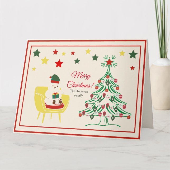 Modern Cute Bear Stars Red Script God jul Kort (Framsida)