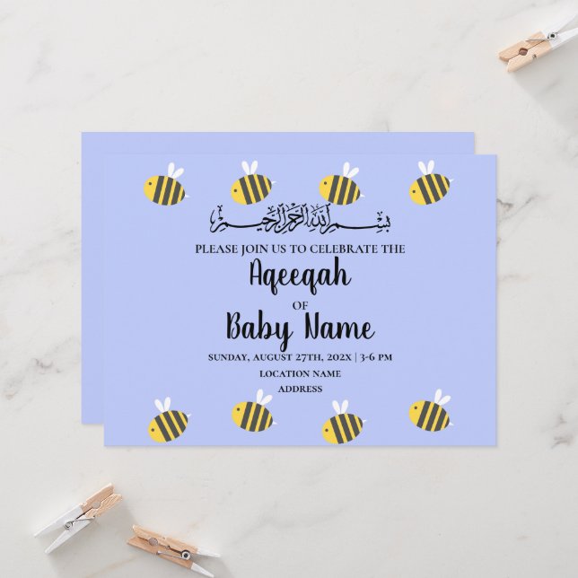 Modern Cute Bee Theme Aqeeqah-inbjudan Inbjudningar (Fram/Back In Situ)