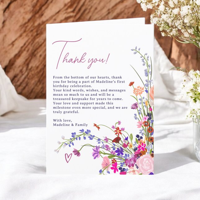 Modern Cute Blommigt Wildblommor 1:a födelsedag Tack Kort (Modern Cute Floral Wildflowers 1st birthday Thank You Card)