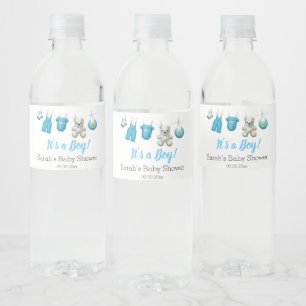 Modern Cute Blue Boy Baby Shower Vattenflaskor Etikett