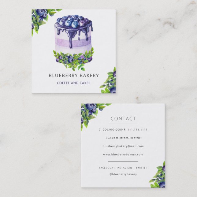 Modern cute Blueberry Cake Bakery Pastry Chef Fyrkantigt Visitkort (Fram/baksida)