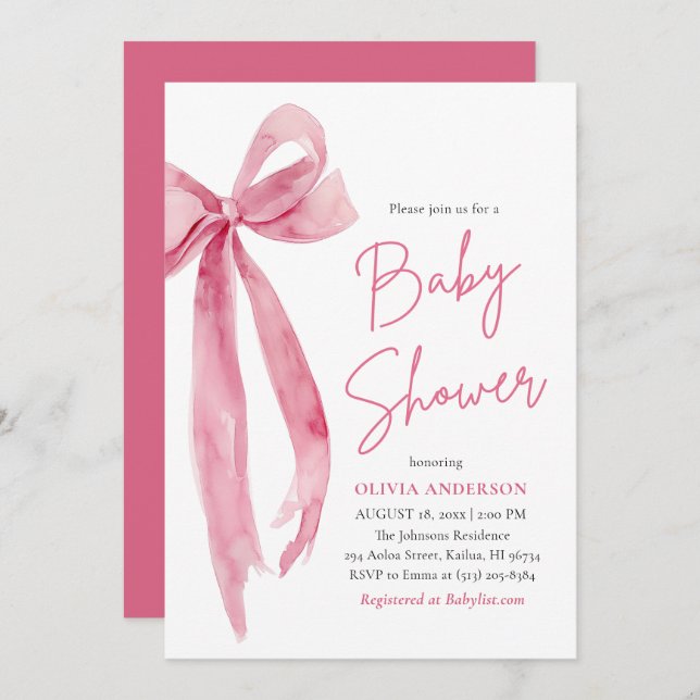 Modern Cute Blush Pink Bow Baby Shower Inbjudningar (Fram/baksida)