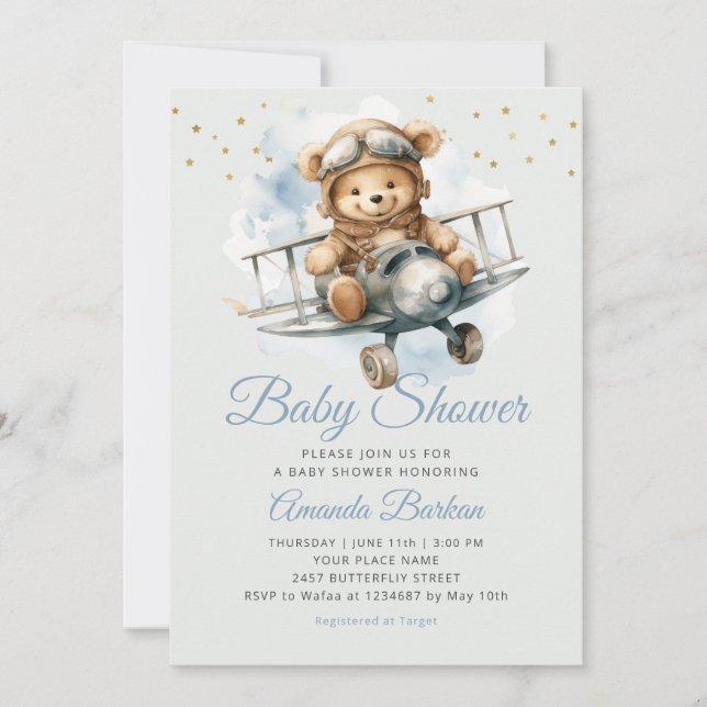 Modern Cute Boho Blue nalle-babydusch för barn i d Inbjudningar (Framsida)