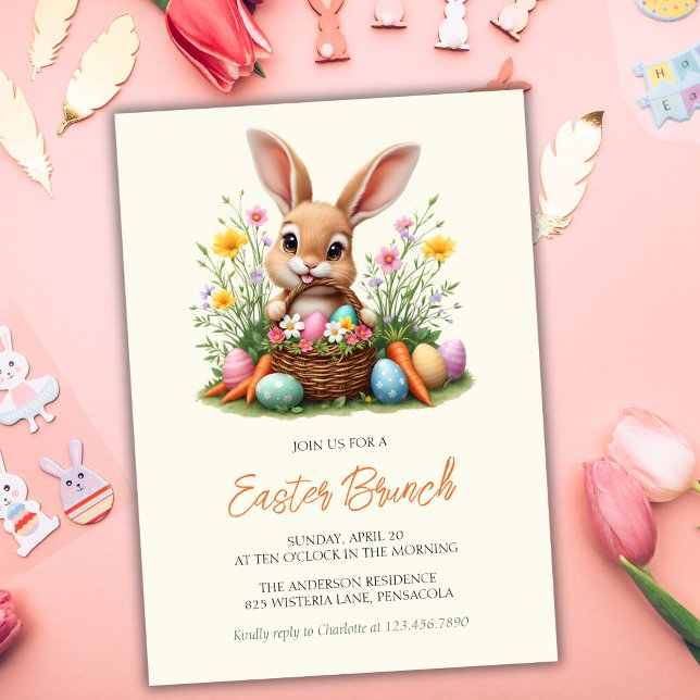 Modern Cute Bunny Rabbit Påsk Brunch Inbjudningar (Charming Easter Brunch Invitation with Bunny, Eggs, and Spring Flowers)