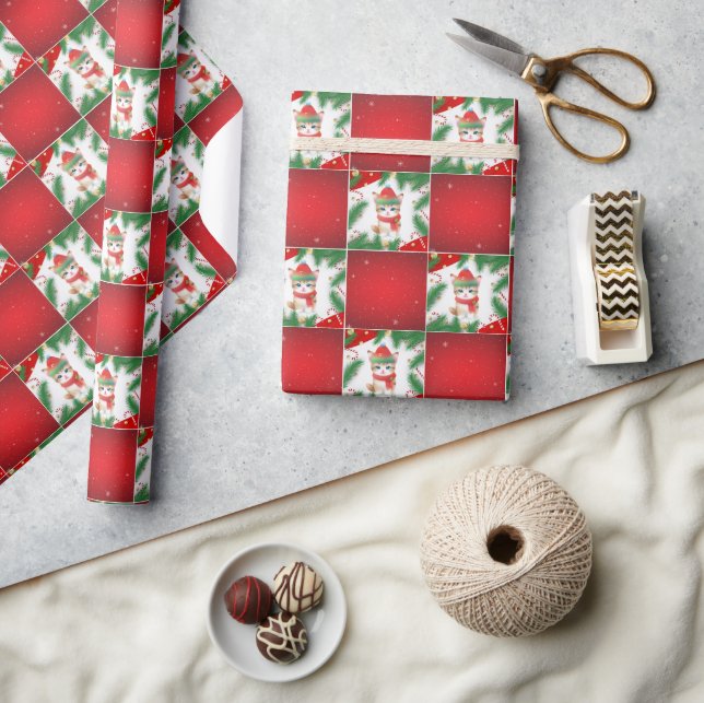 Modern Cute cat Santa Julafton Holly Checker Mönst Presentpapper (Hantverk)