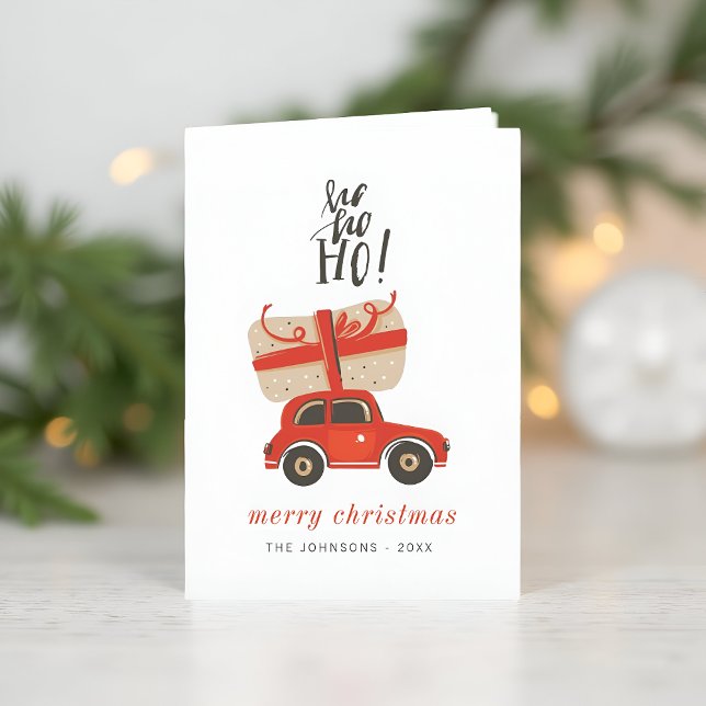 Modern Cute Chic - julklapp - röd bil Helgkort (Skapare uppladdad)