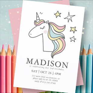 Modern Cute Doodle Unicorn Stars Birthday Inbjudningar