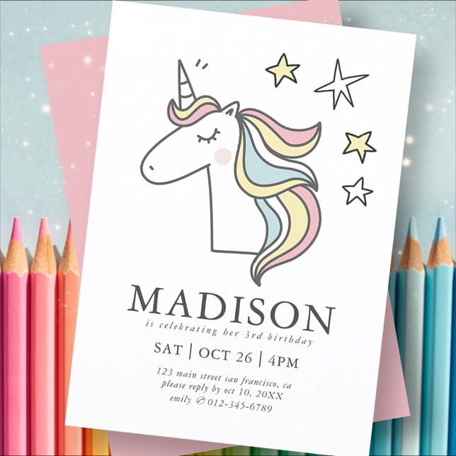 Modern Cute Doodle Unicorn Stars Birthday Inbjudningar (Skapare uppladdad)