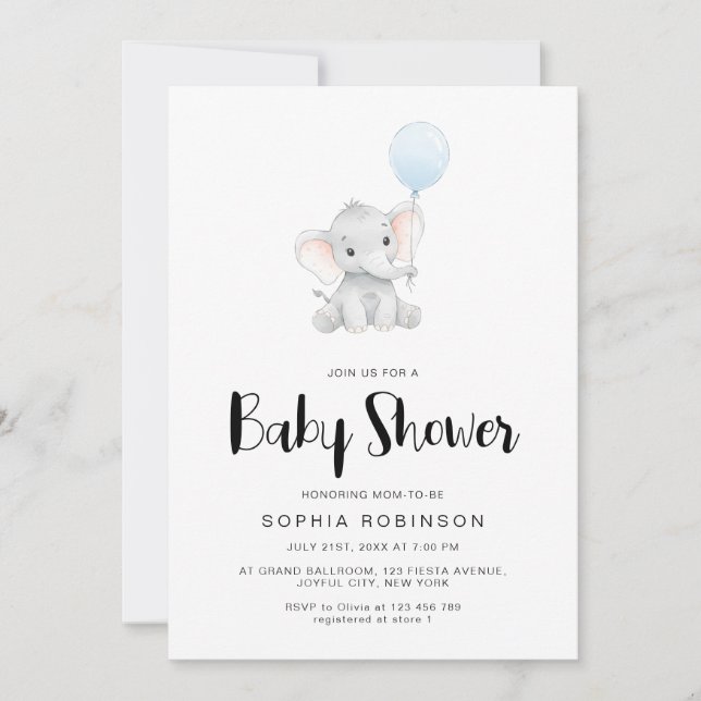 Modern Cute Elephant Boy Shower Inbjudningar (Framsida)