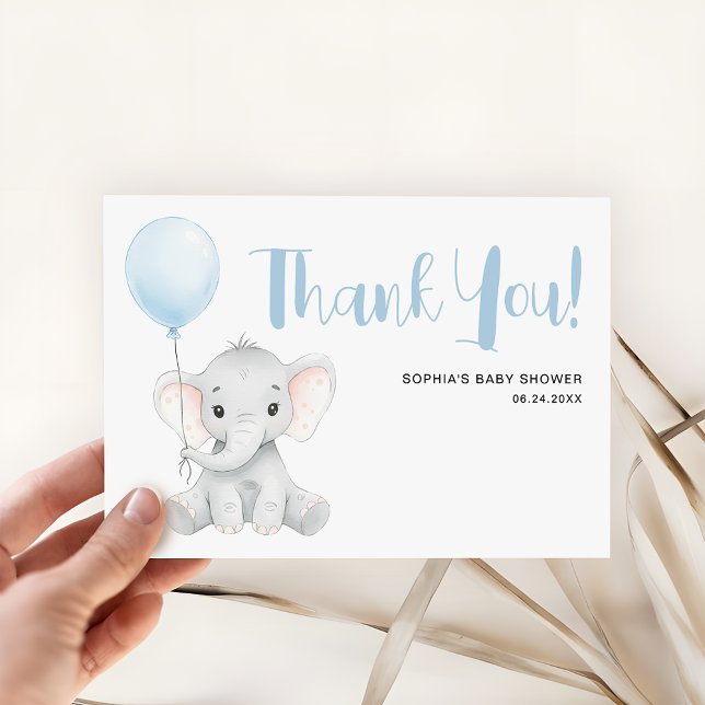 Modern Cute Elephant Soft Blue Baby Shower Tack Kort (Skapare uppladdad)