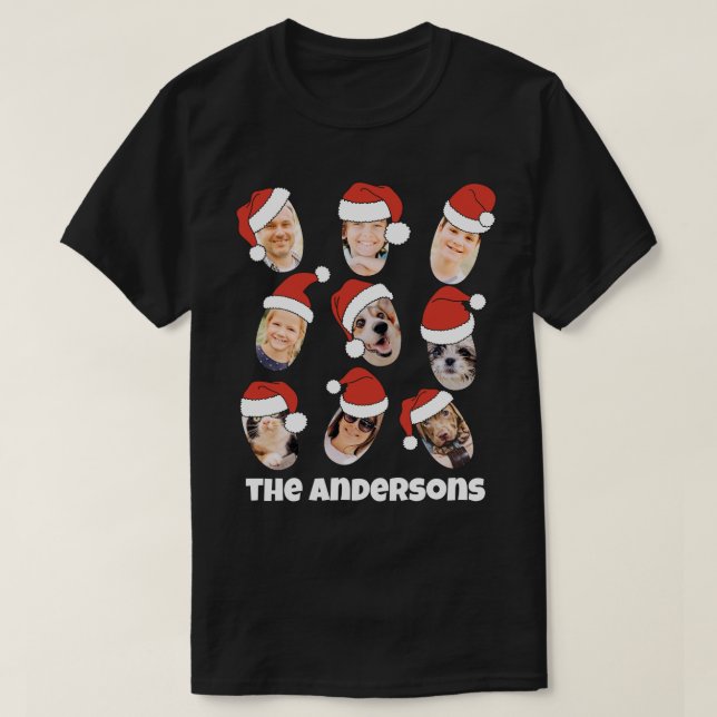 Modern Cute Funny Santa Hats Nine Family Photos T Shirt (Design framsida)