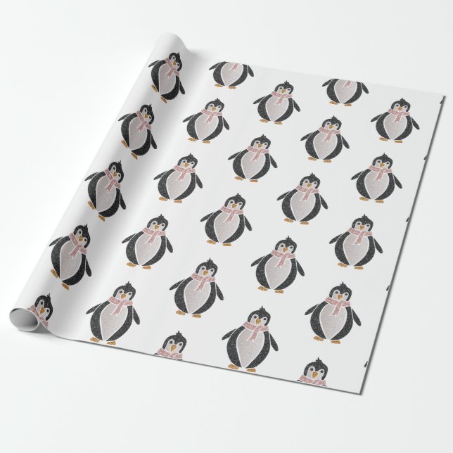Modern Cute Glitter Penguin Wrapping Papper Presentpapper (Utrullad)