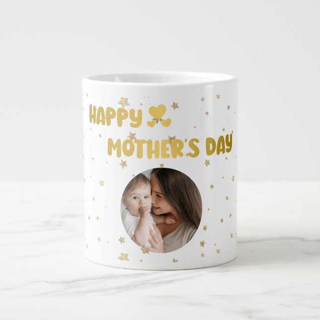 Modern Cute Golden Lycklig Mors dag Photo Black Jumbo Mugg (Framsidan)